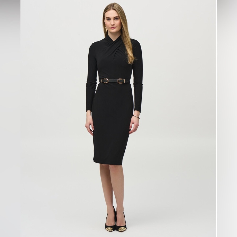 JOSEPH RIBKOFF Black High Neck Bodycon Dress w/ Belt Size 10